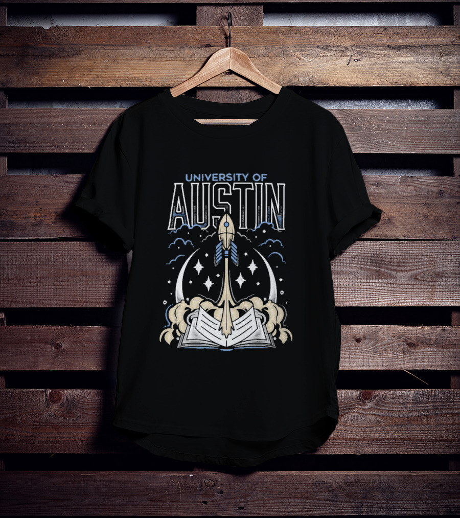 University Of Austin Rocket Book Imagery With Stars And Clouds T-Shirt