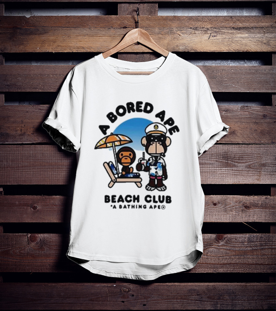 A Bored Ape Beach Club A Bathing Ape Officer And Relaxing Ape Scene T-Shirt