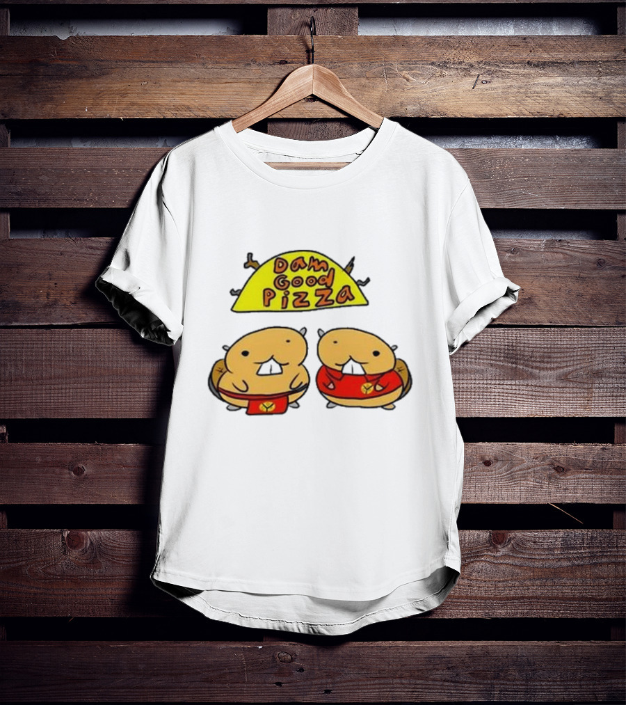 Dam Good Pizza Beaver Characters Duo In Red With Iconic Yellow Cheese Slice T-Shirt