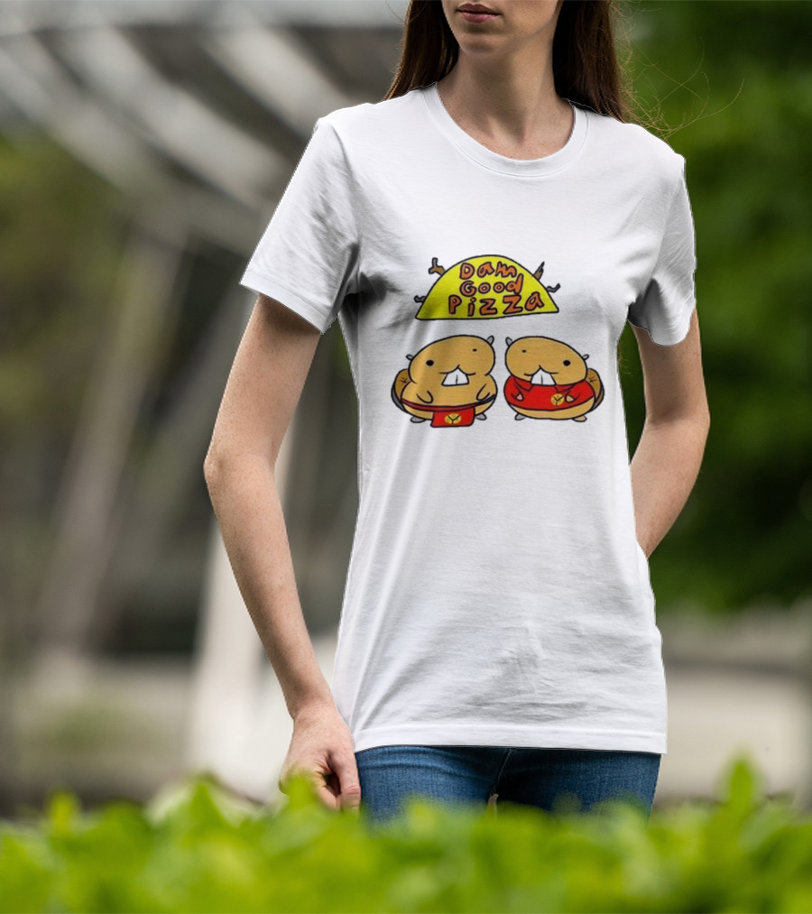Dam Good Pizza Beaver Characters Duo In Red With Iconic Yellow Cheese Slice T-Shirt
