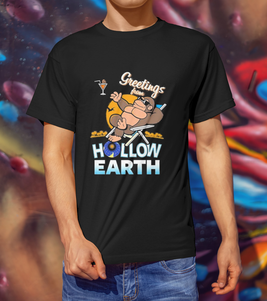 Greetings From Hollow Earth Giant Monster Relaxing With Tropical Cocktail T-Shirt
