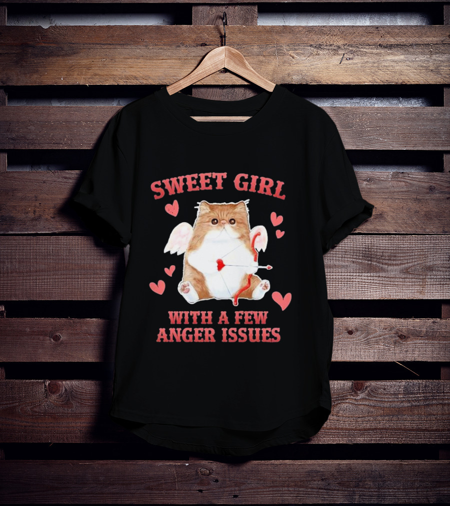 Sweet Girl With A Few Anger Issues Cat With Bow And Arrow Vintage Hearts T-Shirt