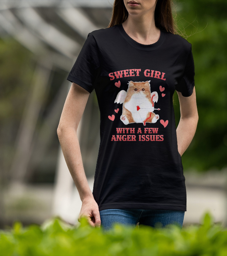 Sweet Girl With A Few Anger Issues Cat With Bow And Arrow Vintage Hearts T-Shirt