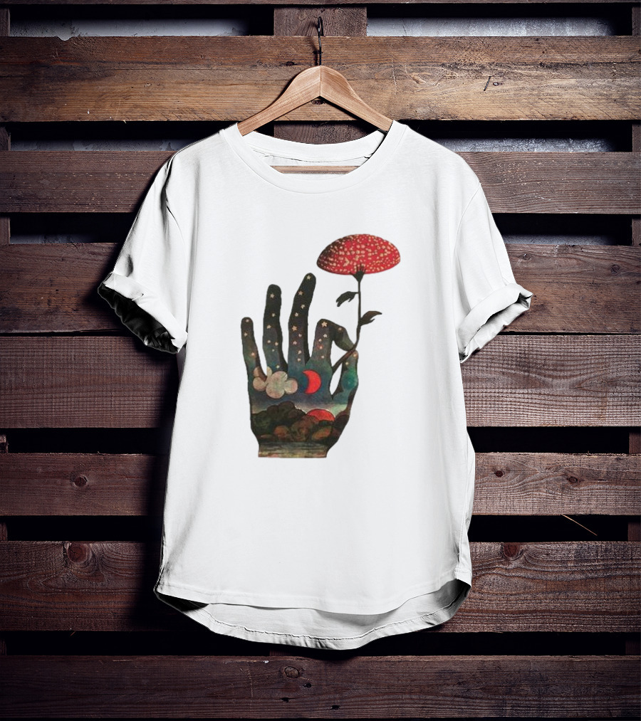 Fly Agaric Psychedelic Hand With Night Sky And Moon T-Shirt