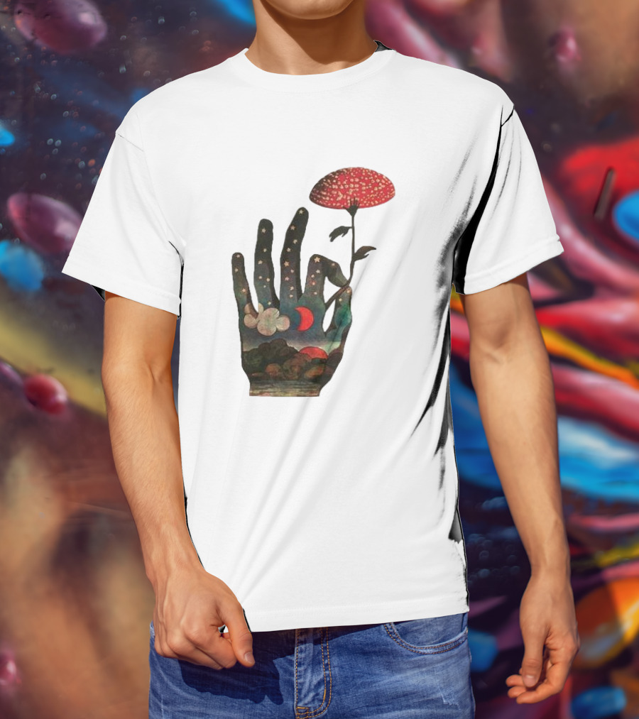 Fly Agaric Psychedelic Hand With Night Sky And Moon T-Shirt