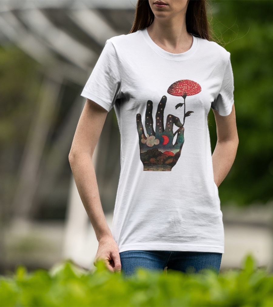 Fly Agaric Psychedelic Hand With Night Sky And Moon T-Shirt