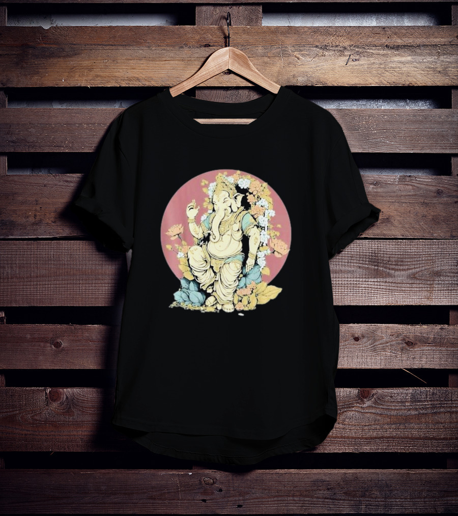 New Rare Hindu God Floral Elephant Deity Lord Ganesh Lotus Flowers Iconic T-Shirt