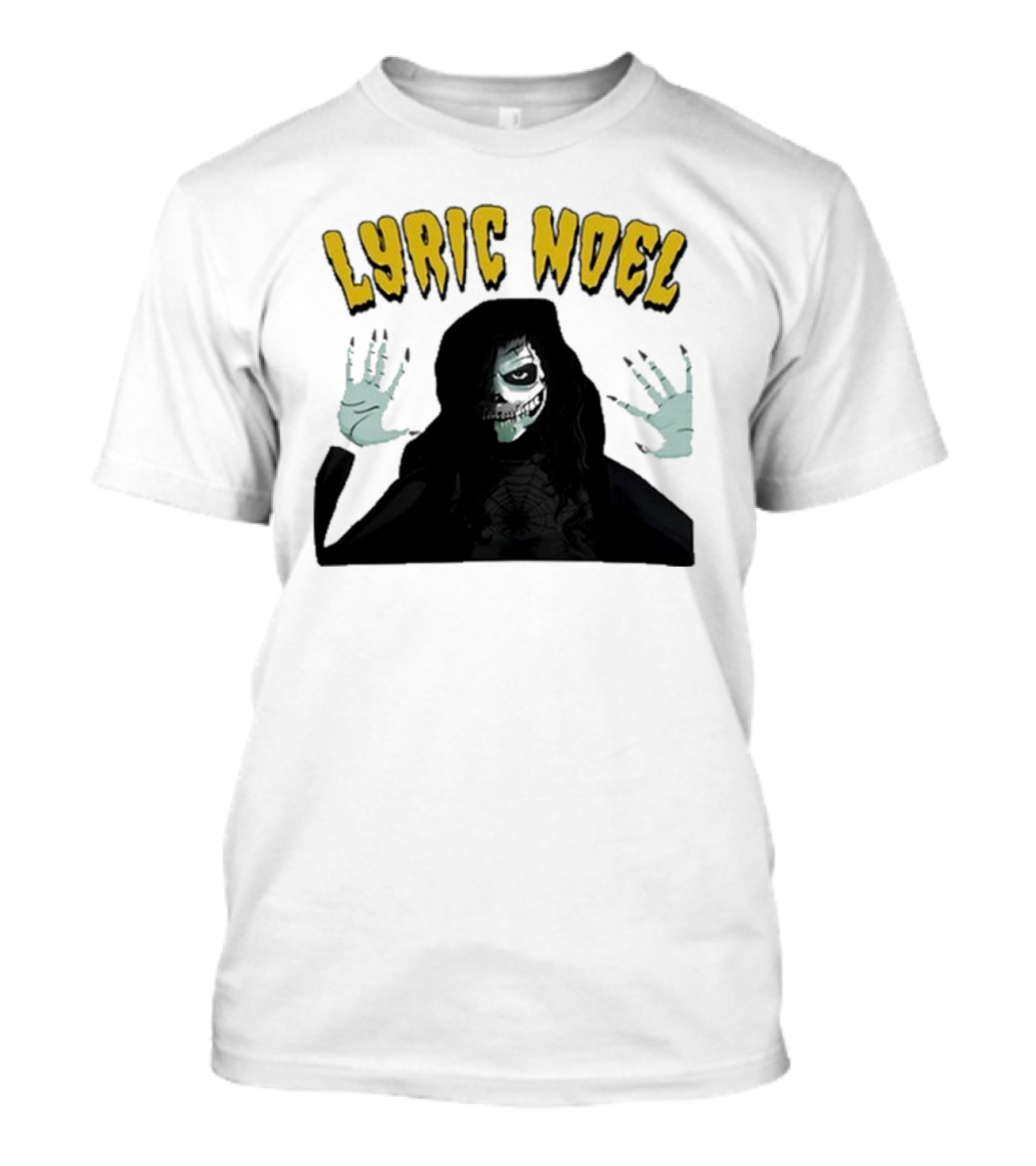 Lyric Noel Hallows Eve Ghostly Figure With Spider Web Face T-Shirt