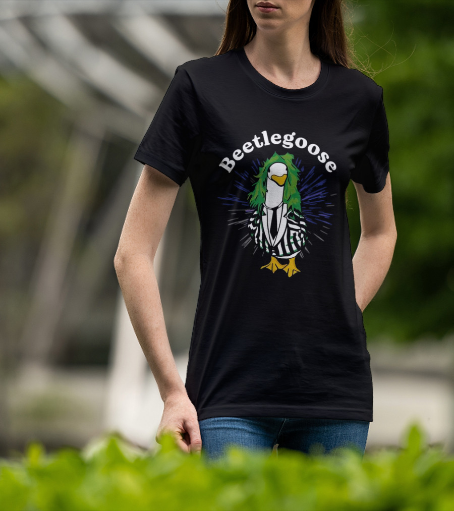 Beetlegoose Silly Goose Spooky Striped Suit Green Haired Goose T-Shirt