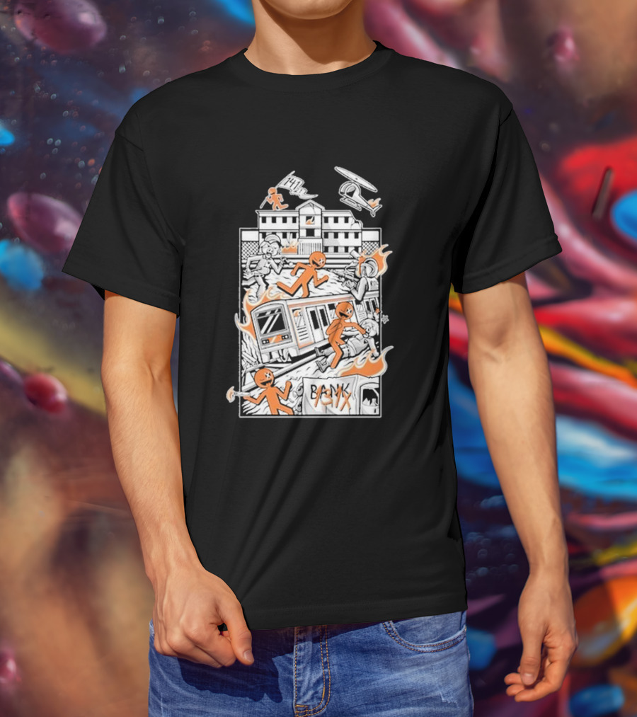 Dani Gambino Stick Figures Chaos Fire Helicopter Bank T-Shirt