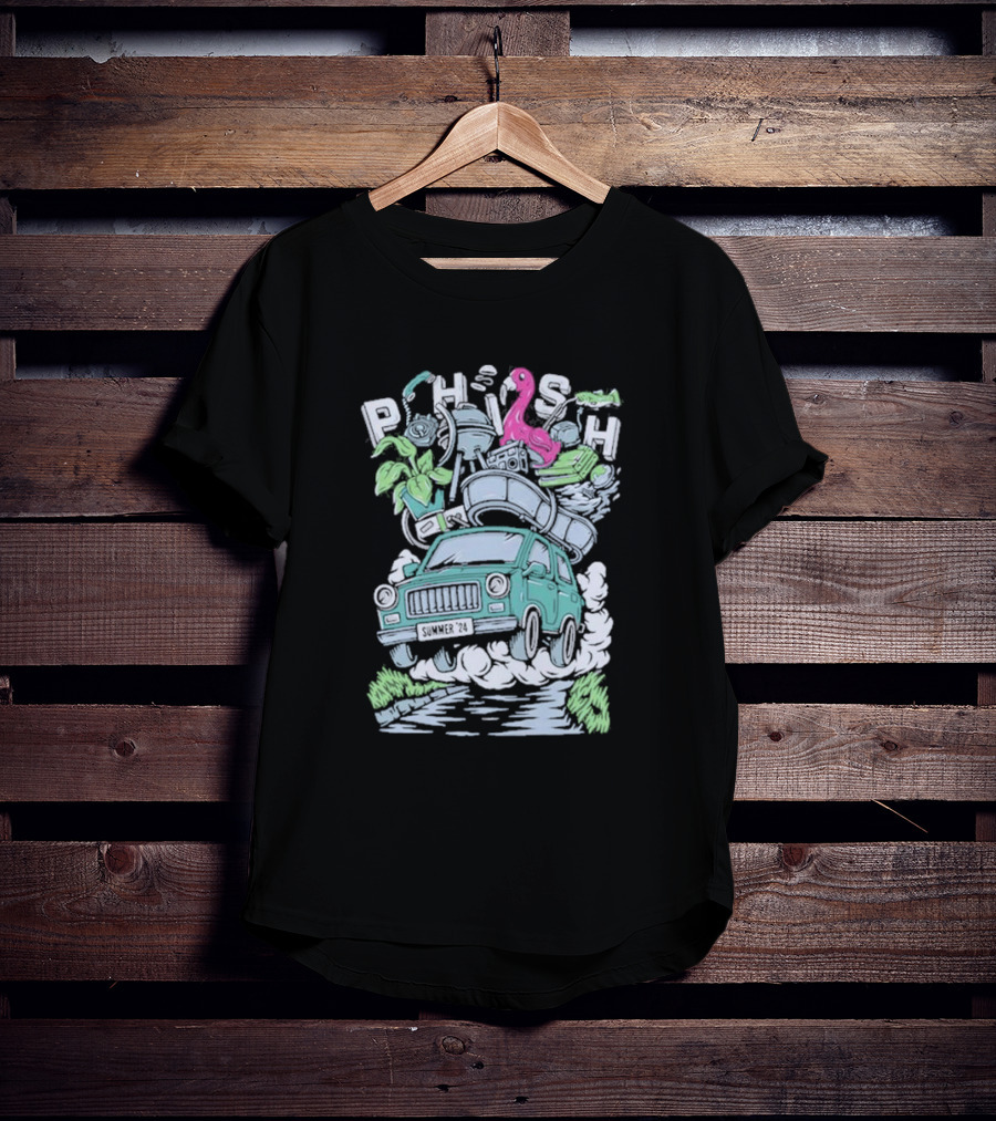 Phish Summer 24 Impossible Road Trip Van With Flamingo And Floating Gear T-Shirt
