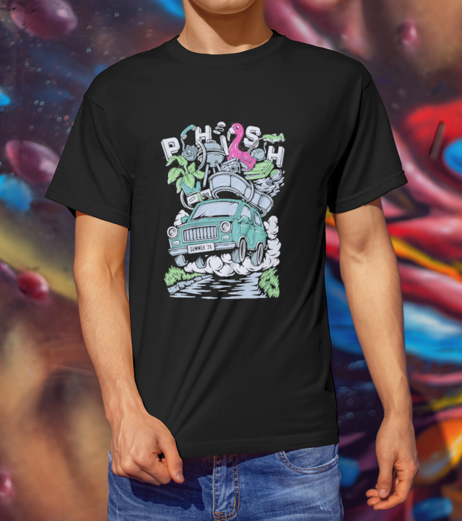 Phish Summer 24 Impossible Road Trip Van With Flamingo And Floating Gear T-Shirt
