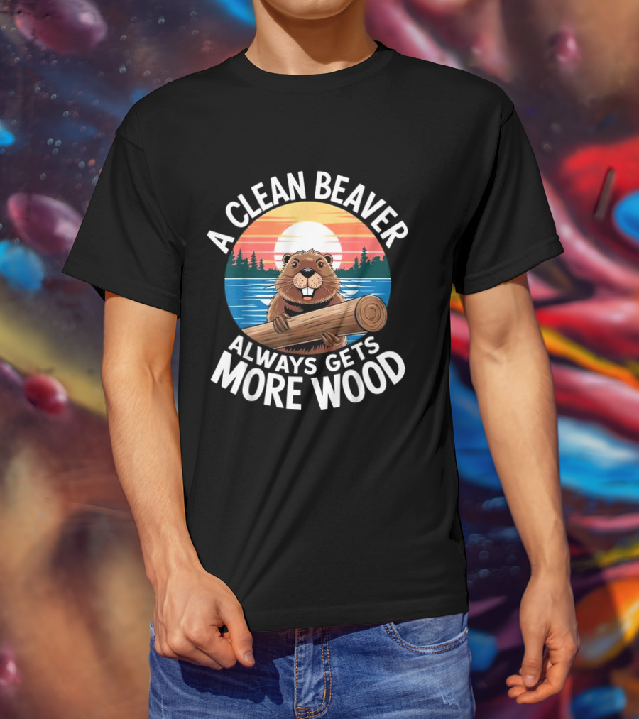 A Clean Beaver Always Gets More Wood Vintage Sunset Beaver Holding Log T-Shirt