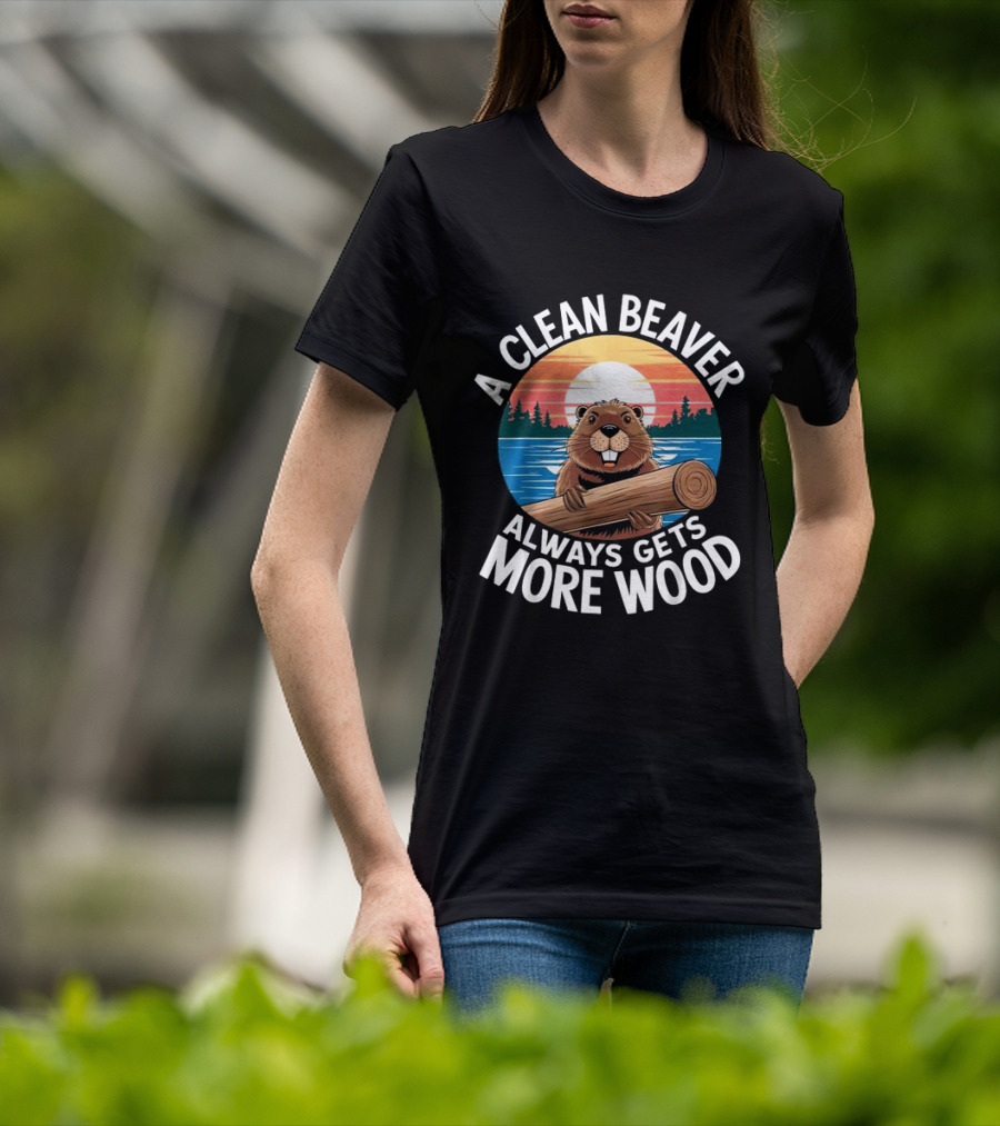 A Clean Beaver Always Gets More Wood Vintage Sunset Beaver Holding Log T-Shirt