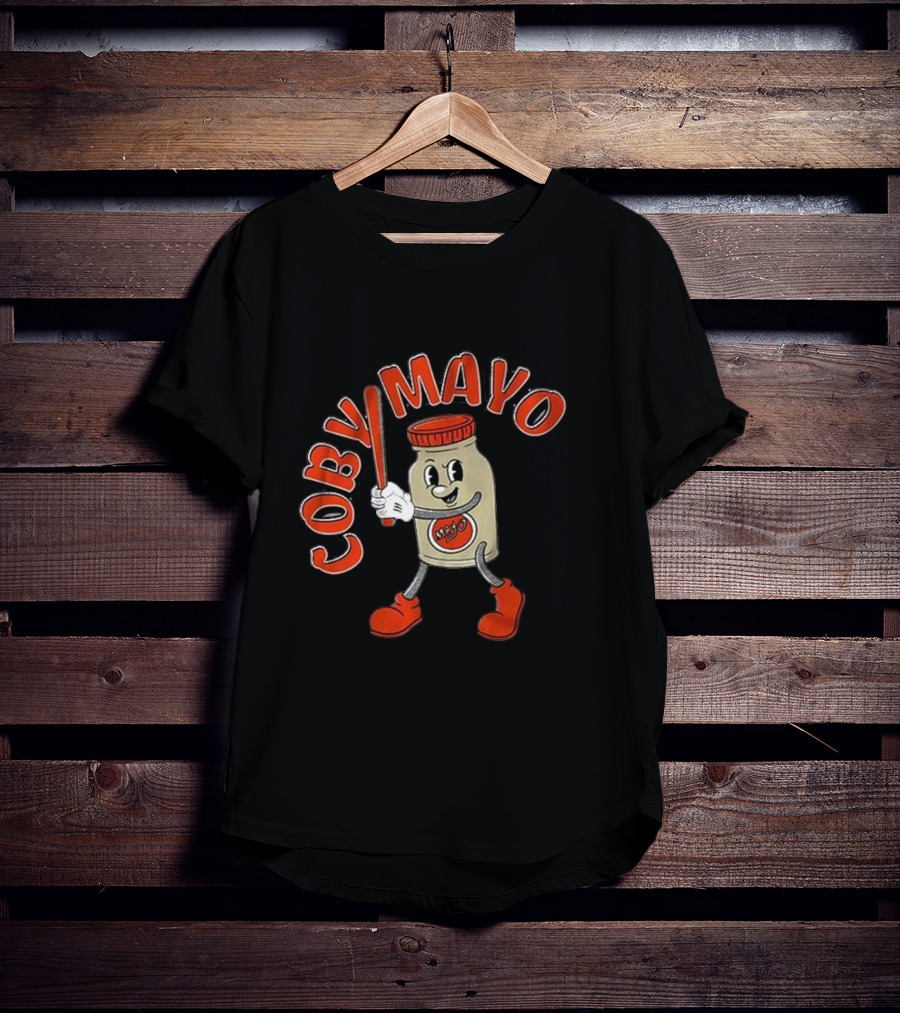 Coby Mayo Cartoon Baseball Jar With Red Letters And Bat T-Shirt