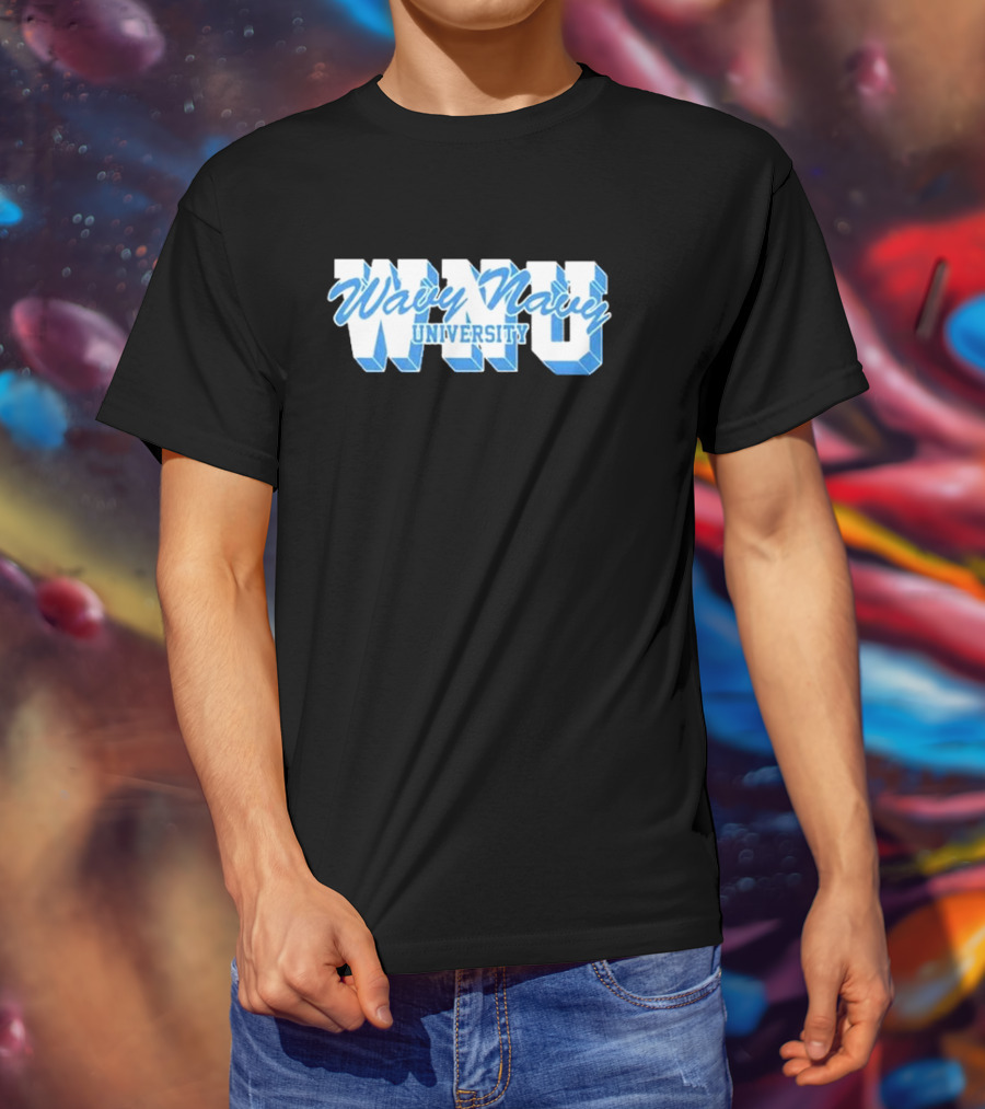 Wavy Navy University WNU Bold 3D Bold Blue Text T-Shirt