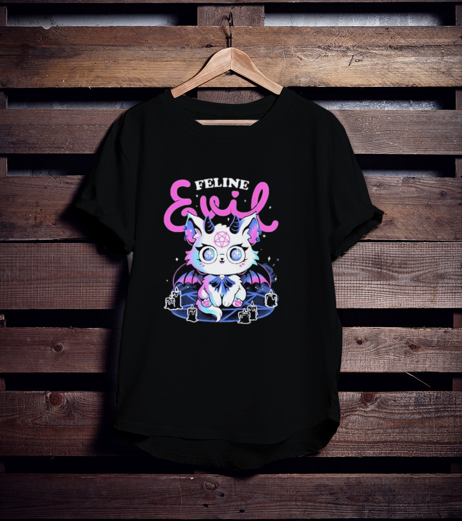 Feline Evil Cute Devil Cat With Pentagram And Bat Wings T-Shirt