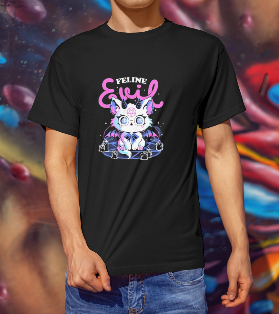 Feline Evil Cute Devil Cat With Pentagram And Bat Wings T-Shirt