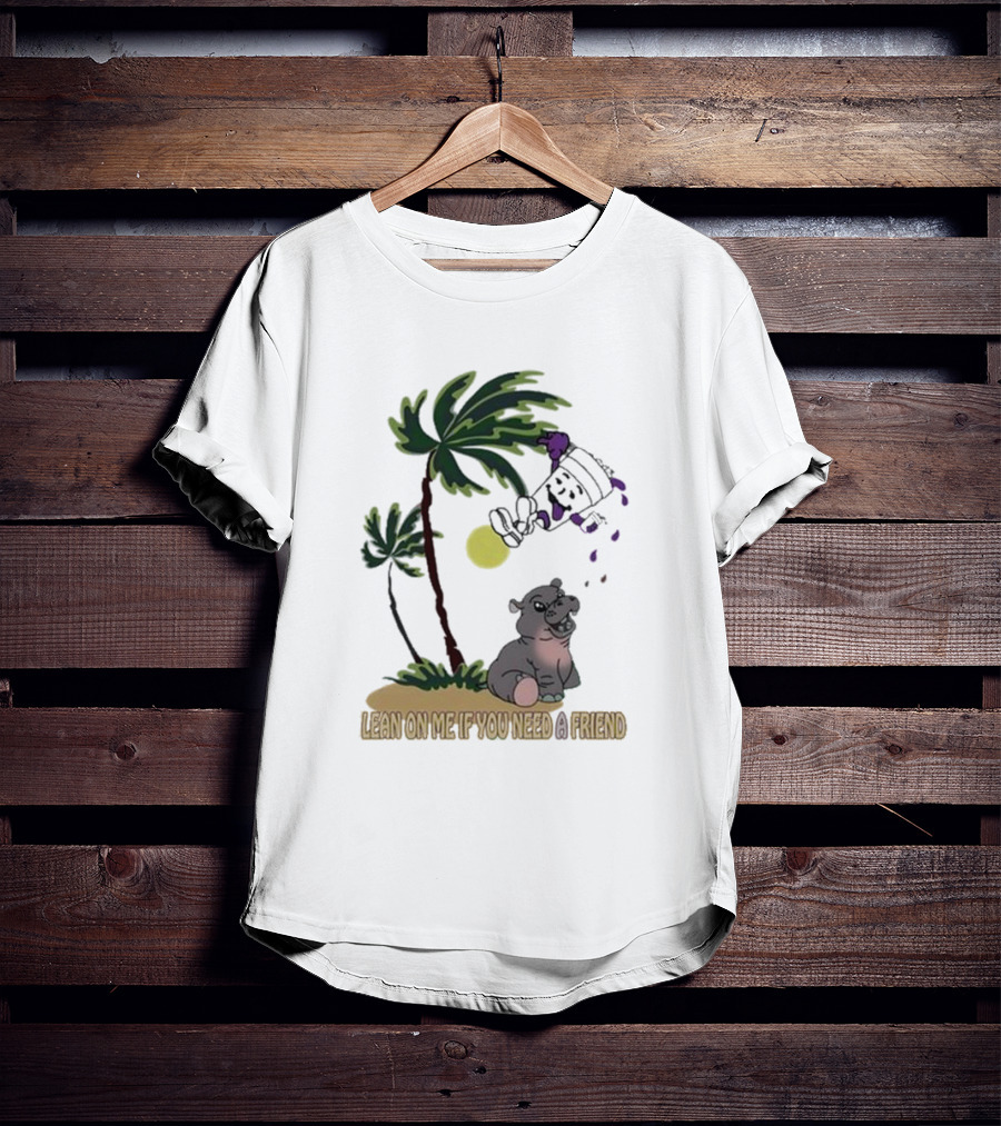 Grapejuiceboys Lean On Me If You Need A Friend Moo Deng Palm Tree Tropical Scene T-Shirt
