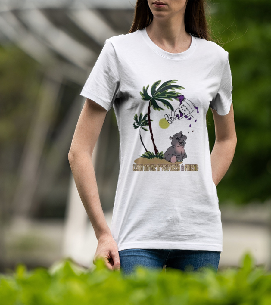 Grapejuiceboys Lean On Me If You Need A Friend Moo Deng Palm Tree Tropical Scene T-Shirt