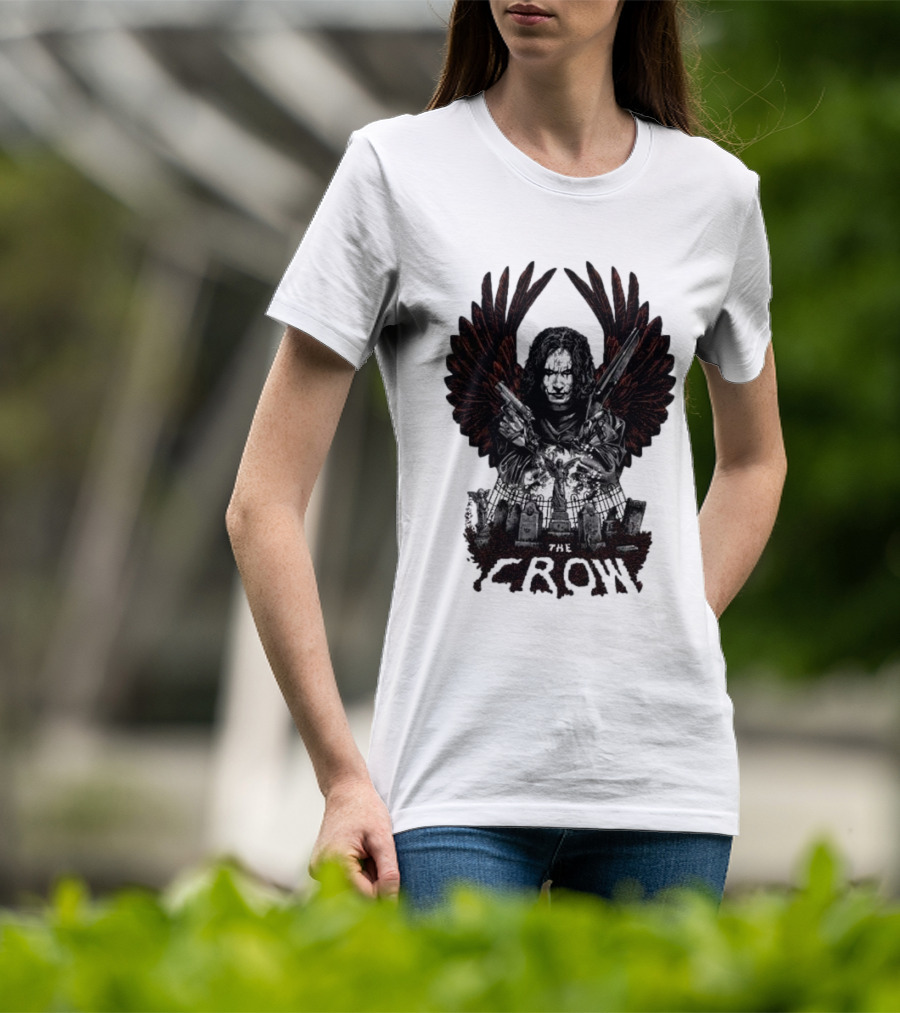 The Crow Winged Figure With Cemetery Background And Gothic Text The Crow T-Shirt