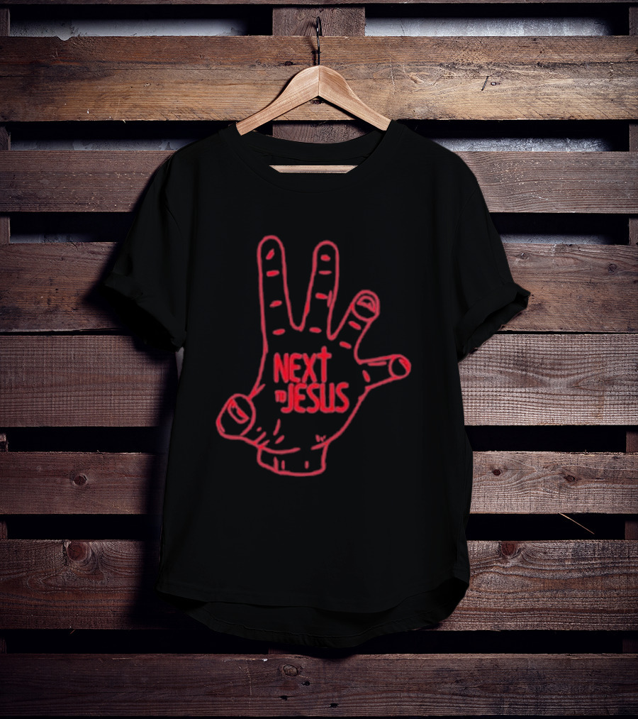 Next To Jesus Hand Neon Red Outline T-Shirt