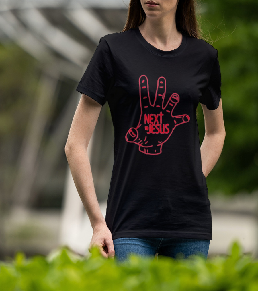 Next To Jesus Hand Neon Red Outline T-Shirt