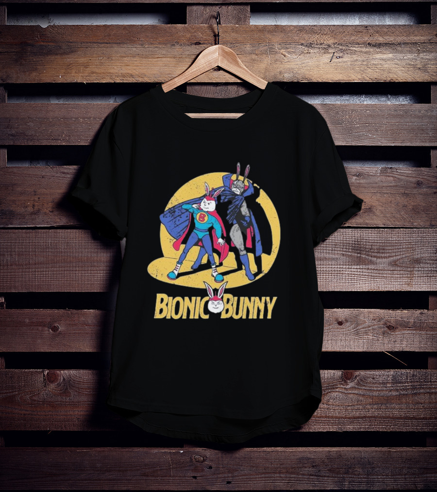 Bionic Bunny Superhero Duo With Colorful Cape And Moon Background T-Shirt