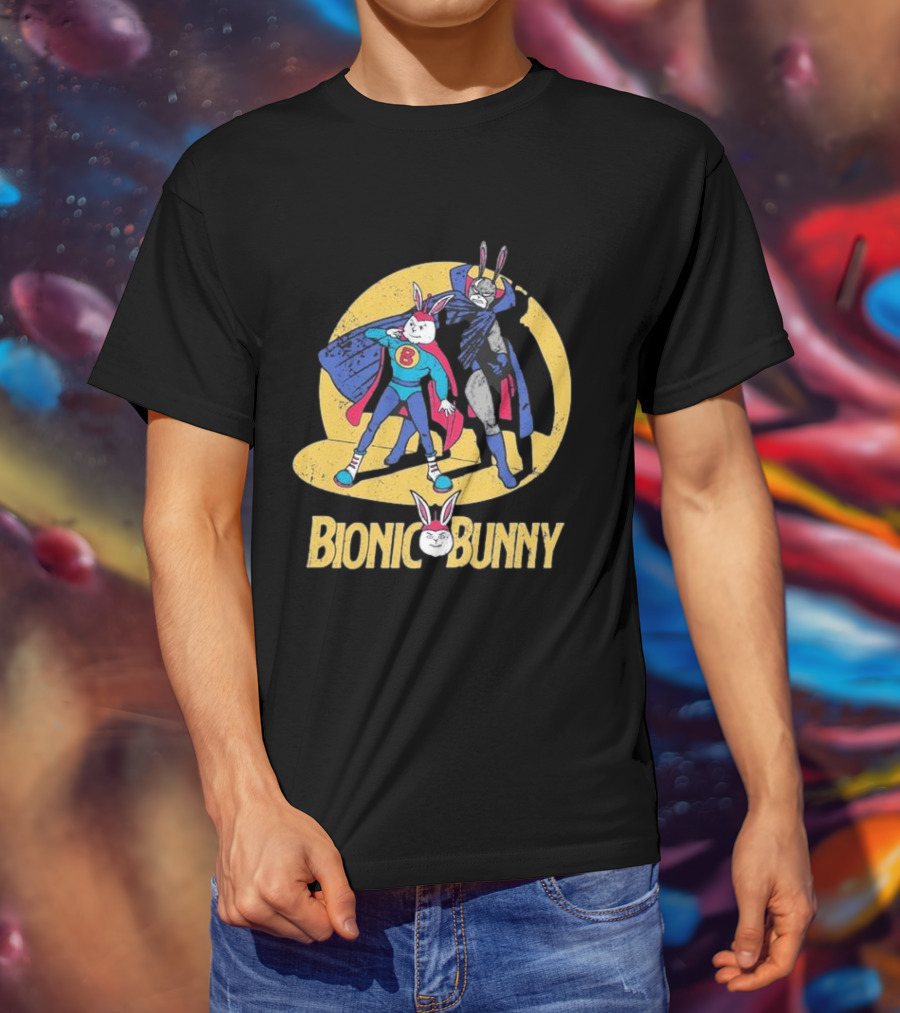 Bionic Bunny Superhero Duo With Colorful Cape And Moon Background T-Shirt