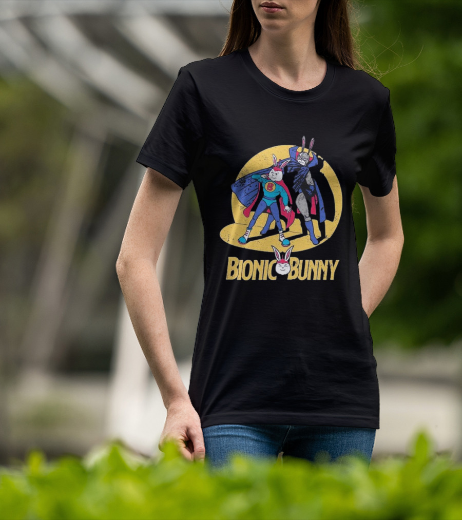 Bionic Bunny Superhero Duo With Colorful Cape And Moon Background T-Shirt