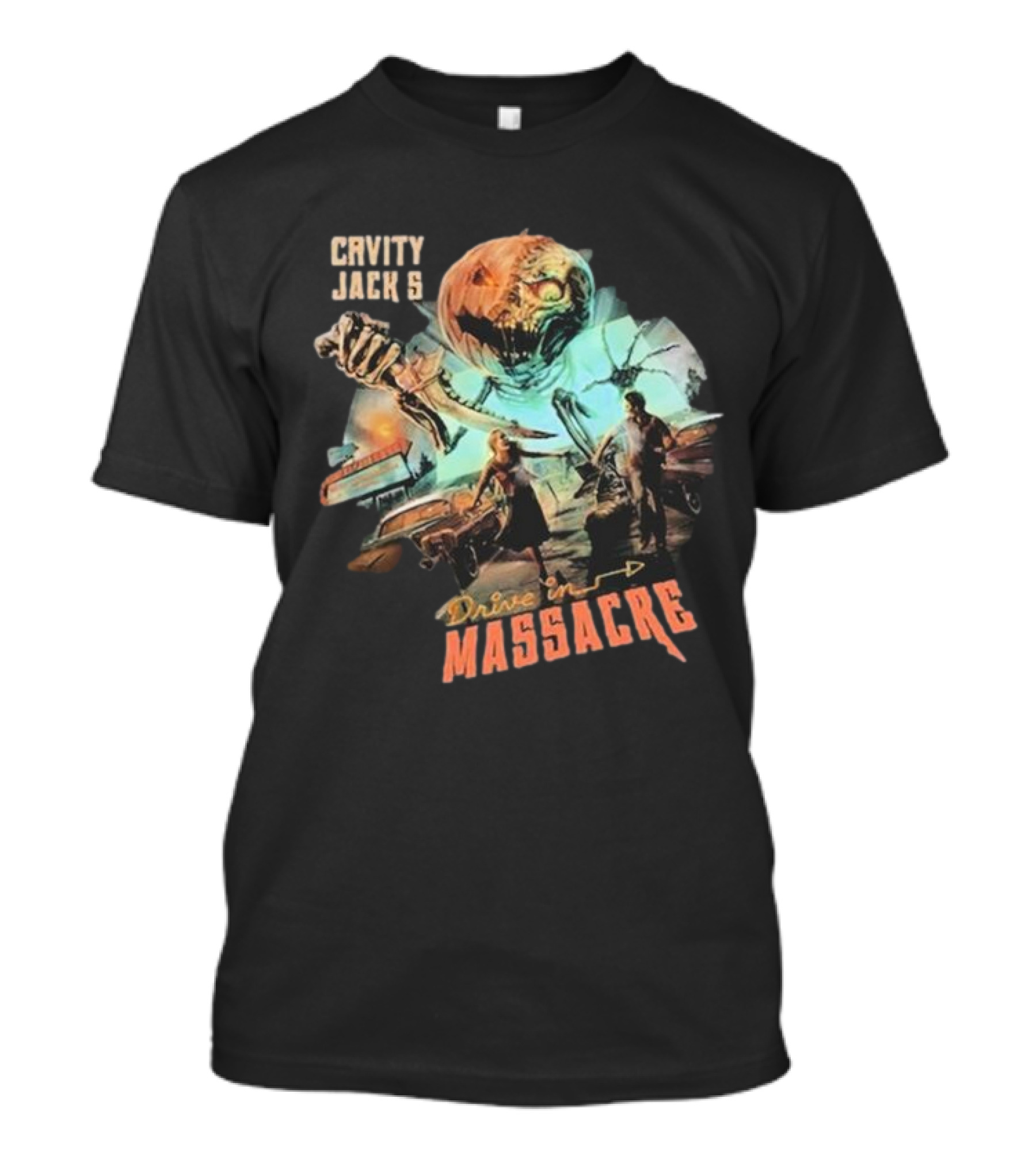 Cavity Jack's Drive In Massacre Giant Pumpkin Horror Scene T-Shirt