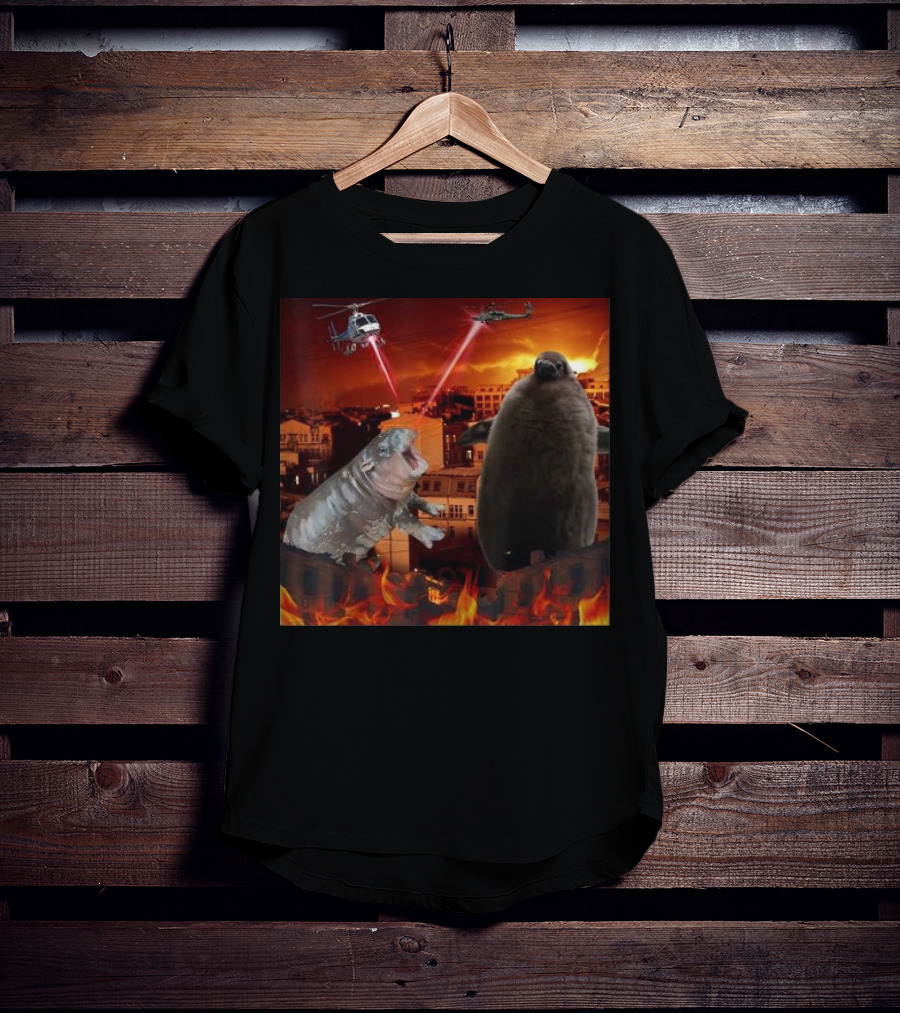 Moo Deng And Pesto Battle Urban Showdown With Helicopters And Laser Beams T-Shirt