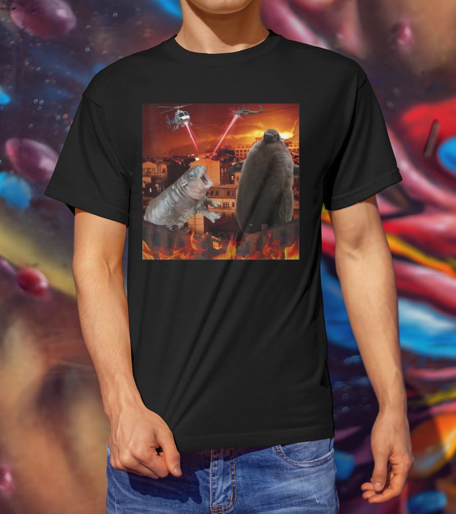 Moo Deng And Pesto Battle Urban Showdown With Helicopters And Laser Beams T-Shirt