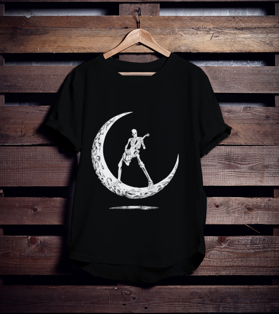 Skeleton Playing Guitar On Crescent Moon Rock And Roll Band T-Shirt