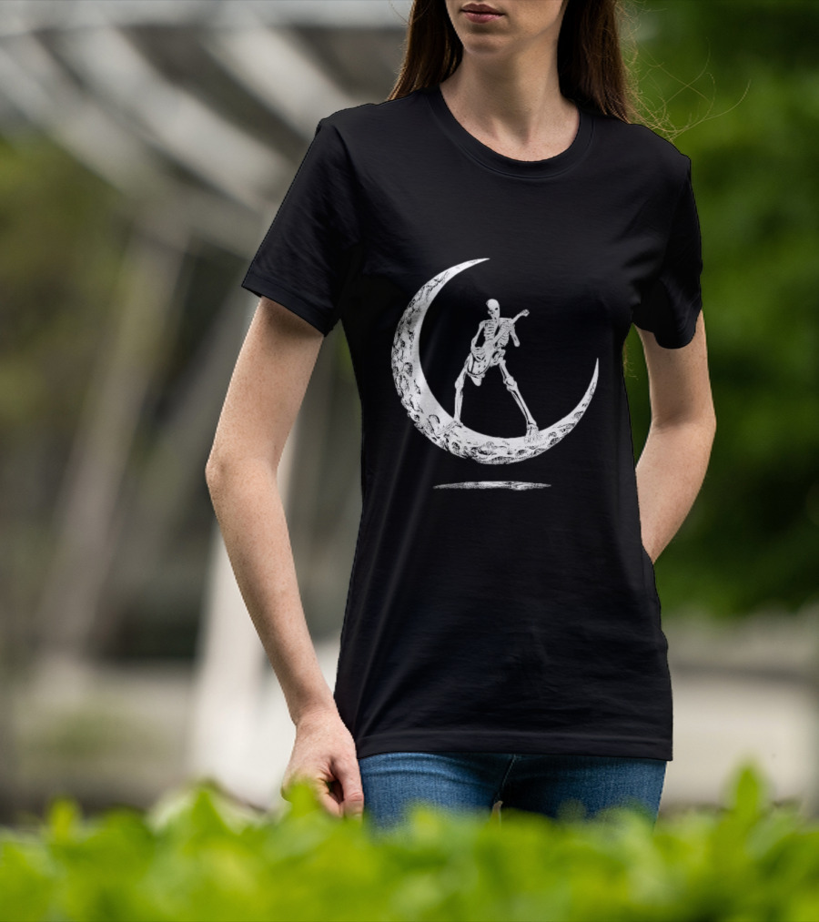 Skeleton Playing Guitar On Crescent Moon Rock And Roll Band T-Shirt