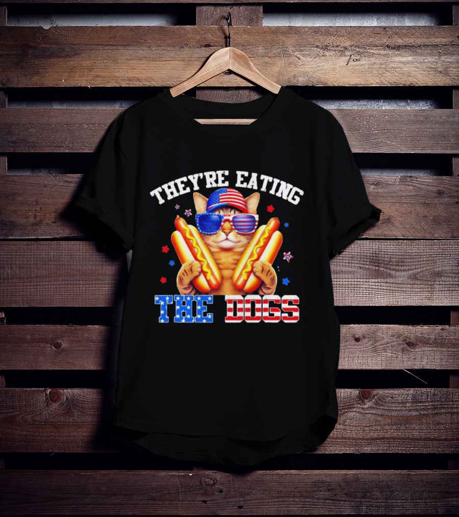 They’re Eating The Dogs Patriotic Cat With Hotdogs And American Flag Sunglasses T-Shirt