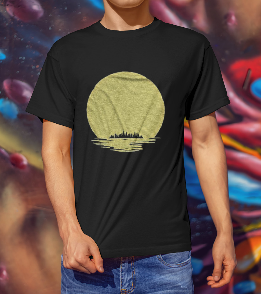 Michigan Skyline Reflected Under Golden Moon T-Shirt