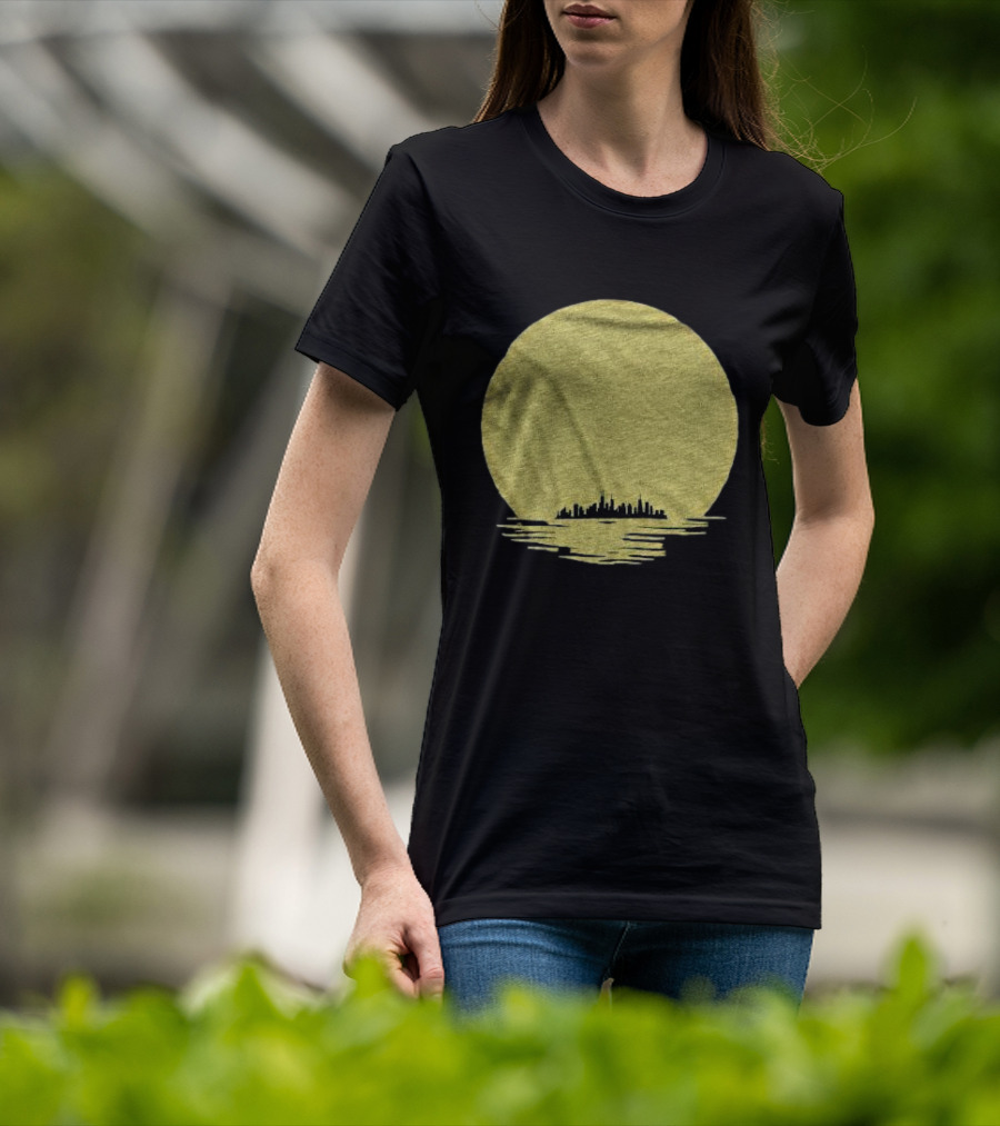 Michigan Skyline Reflected Under Golden Moon T-Shirt