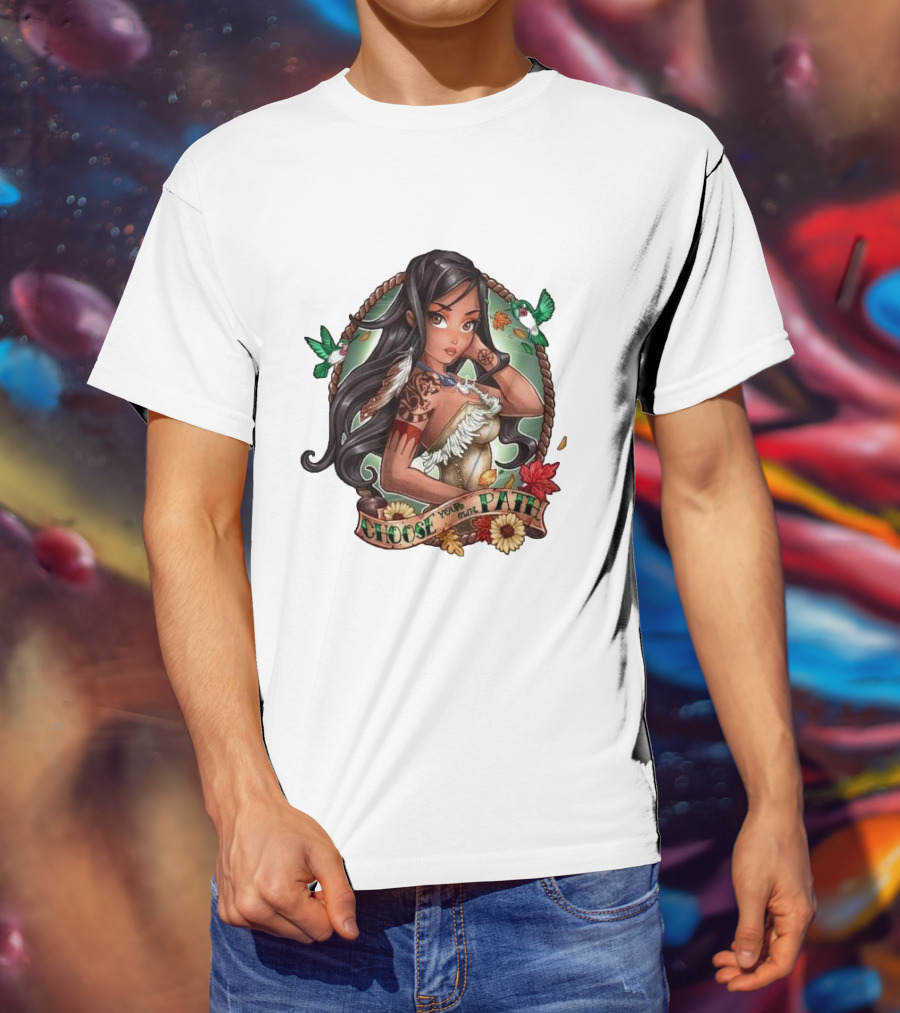 Pocahontas Choose Your Own Path Autumn Leaves Green Hummingbirds Tattoo Flowers T-Shirt