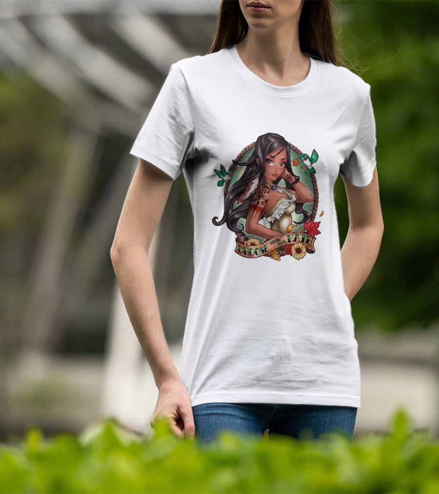 Pocahontas Choose Your Own Path Autumn Leaves Green Hummingbirds Tattoo Flowers T-Shirt