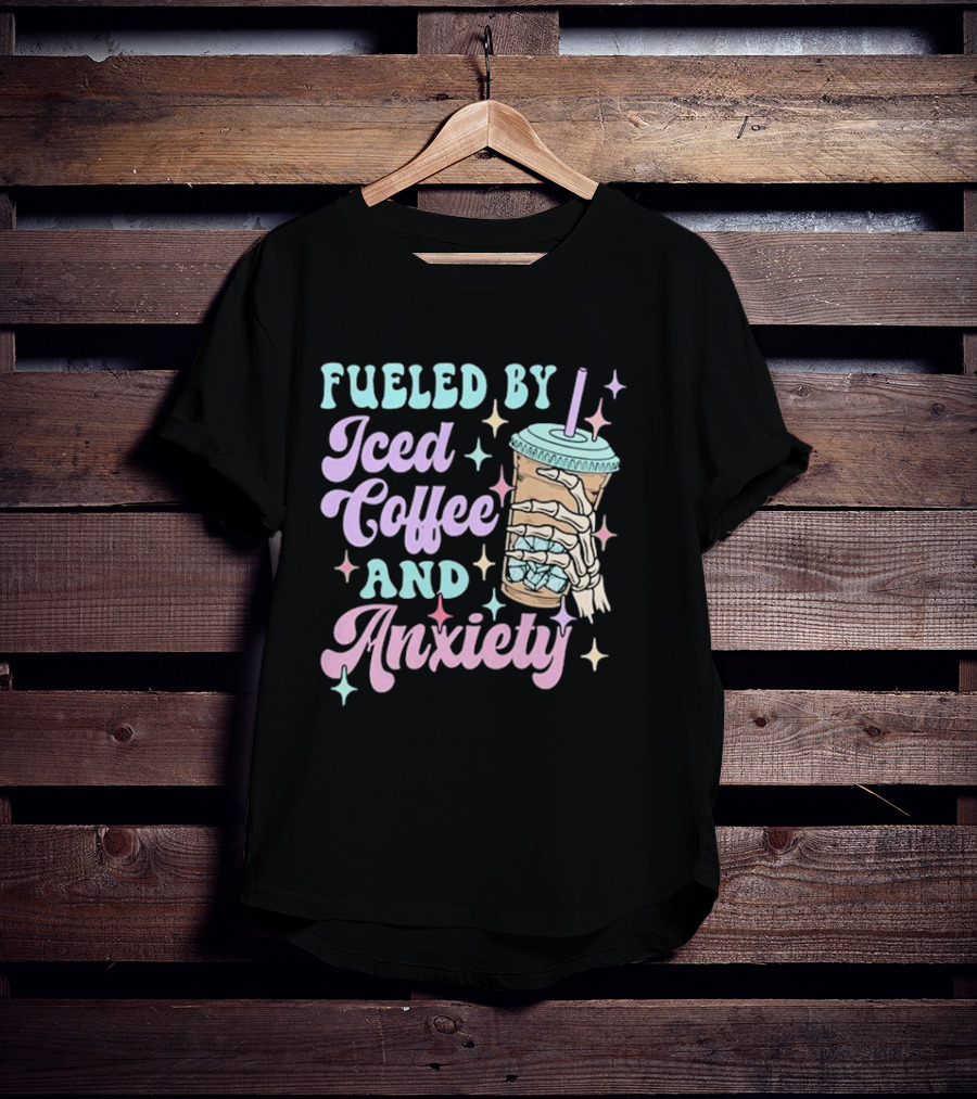 Fueled By Iced Coffee And Anxiety Skeleton Hand Pastel Aesthetic T-Shirt
