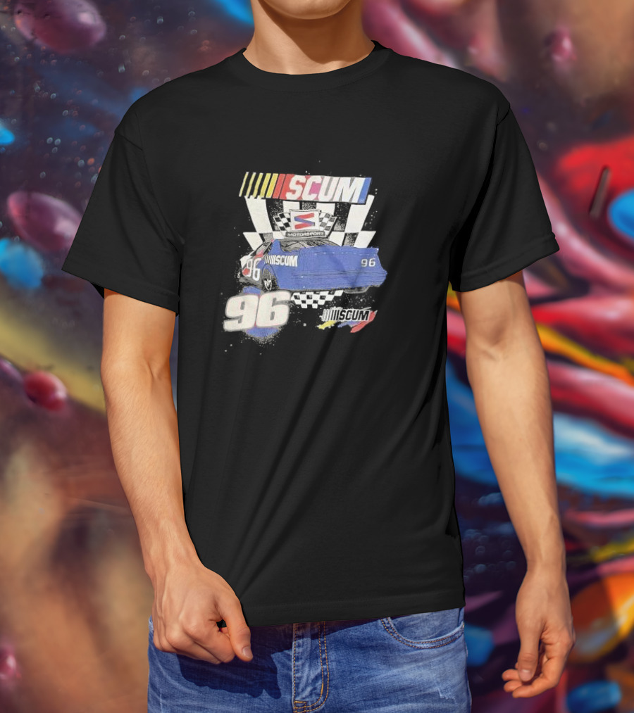 SCUM Motorsports Racing 96 Checkered Flag Car Print T-Shirt