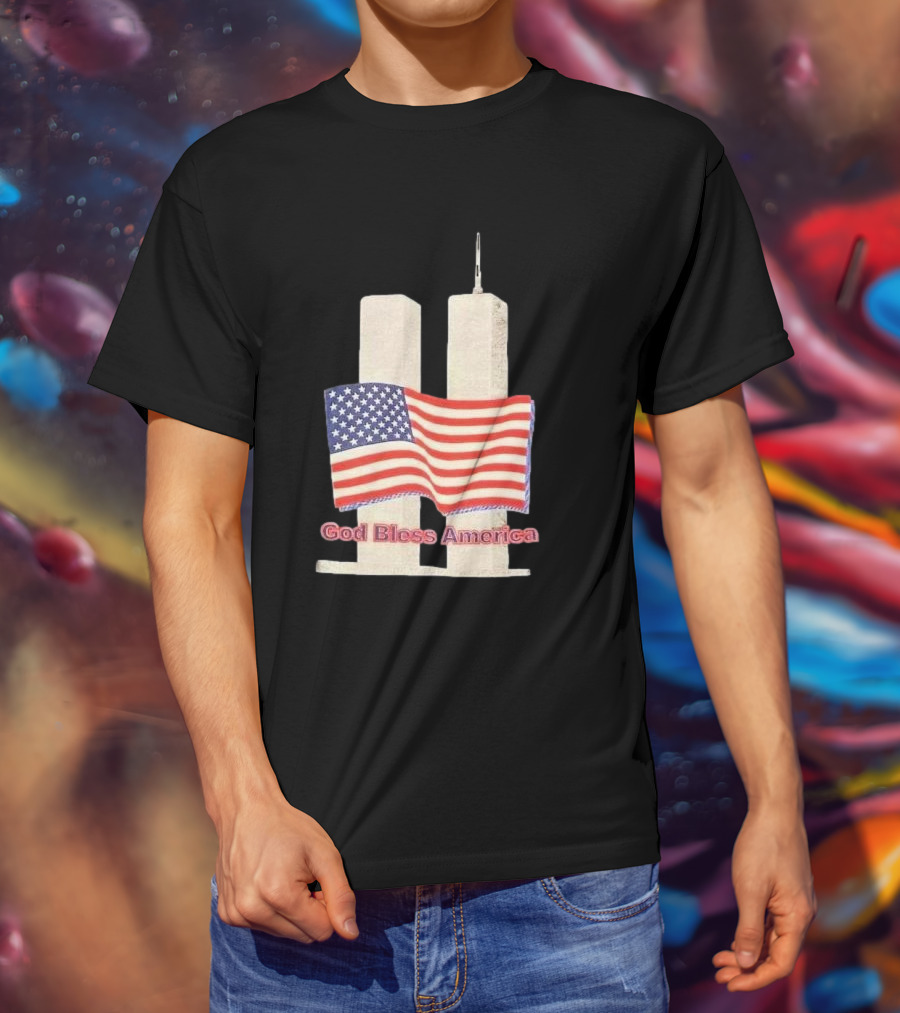 Vtg 9 11 Twin Towers God Bless America Flag T-Shirt