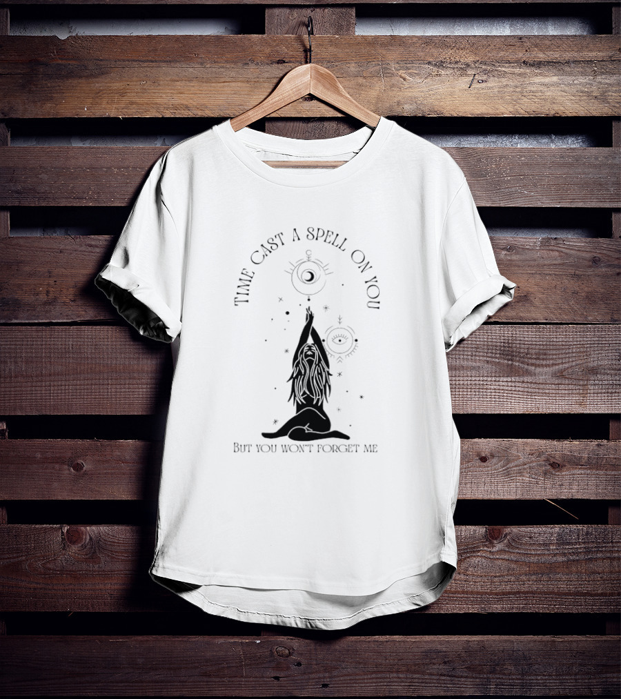 Time Cast A Spell On You But You Won’t Forget Me Mystical Yoga Pose With Celestial Symbols T-Shirt