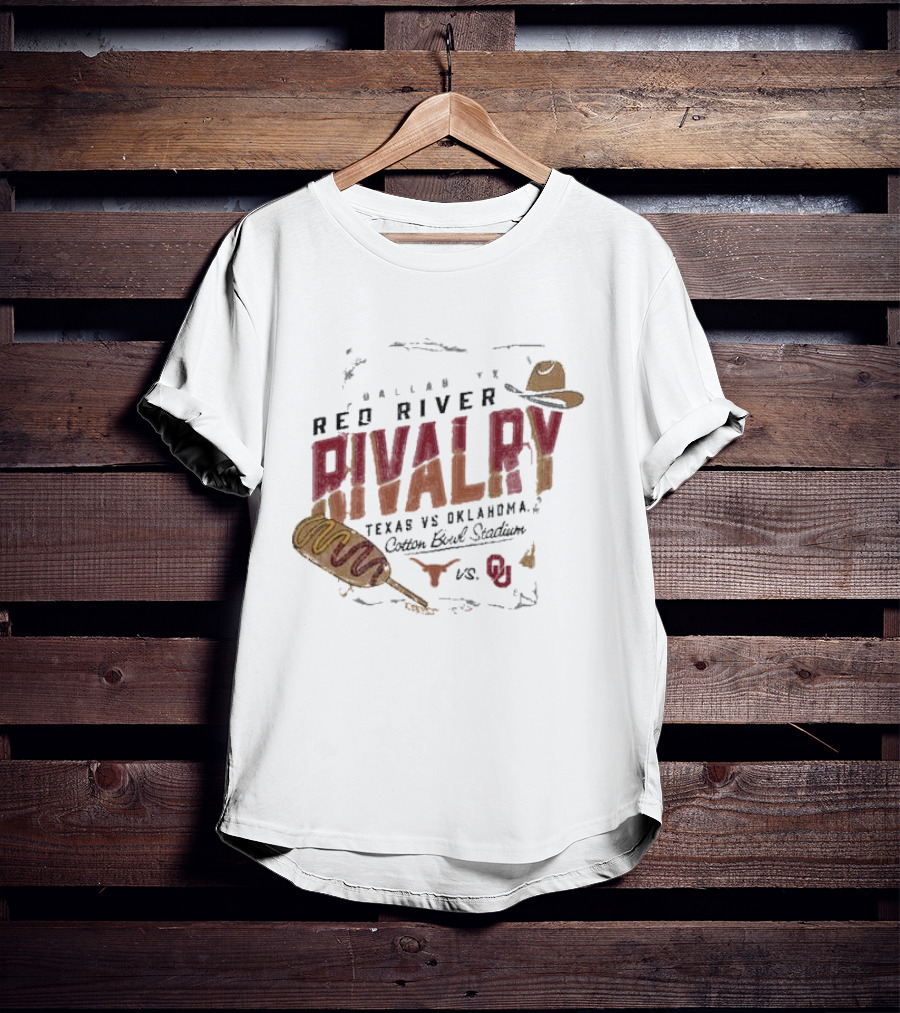 Red River Rivalry Texas Longhorns Vs. Oklahoma Sooners Corn Dog Dallas Cotton Bowl Stadium T-Shirt