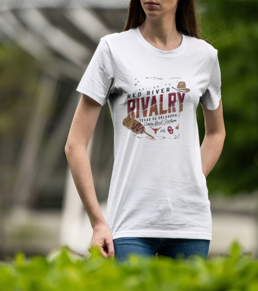 Red River Rivalry Texas Longhorns Vs. Oklahoma Sooners Corn Dog Dallas Cotton Bowl Stadium T-Shirt