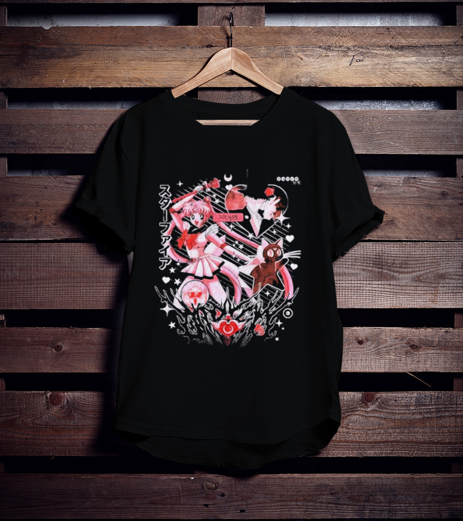 Darko Band Sm Starfire Japanese Text Sailor Moon Luna Hearts Moons Red Pink Black T-Shirt