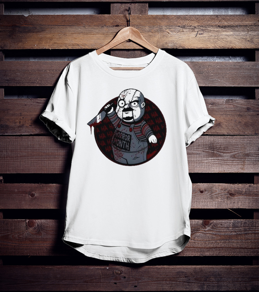 Horror Month Screen Printed Bloody Knife HA HA Masked Character T-Shirt