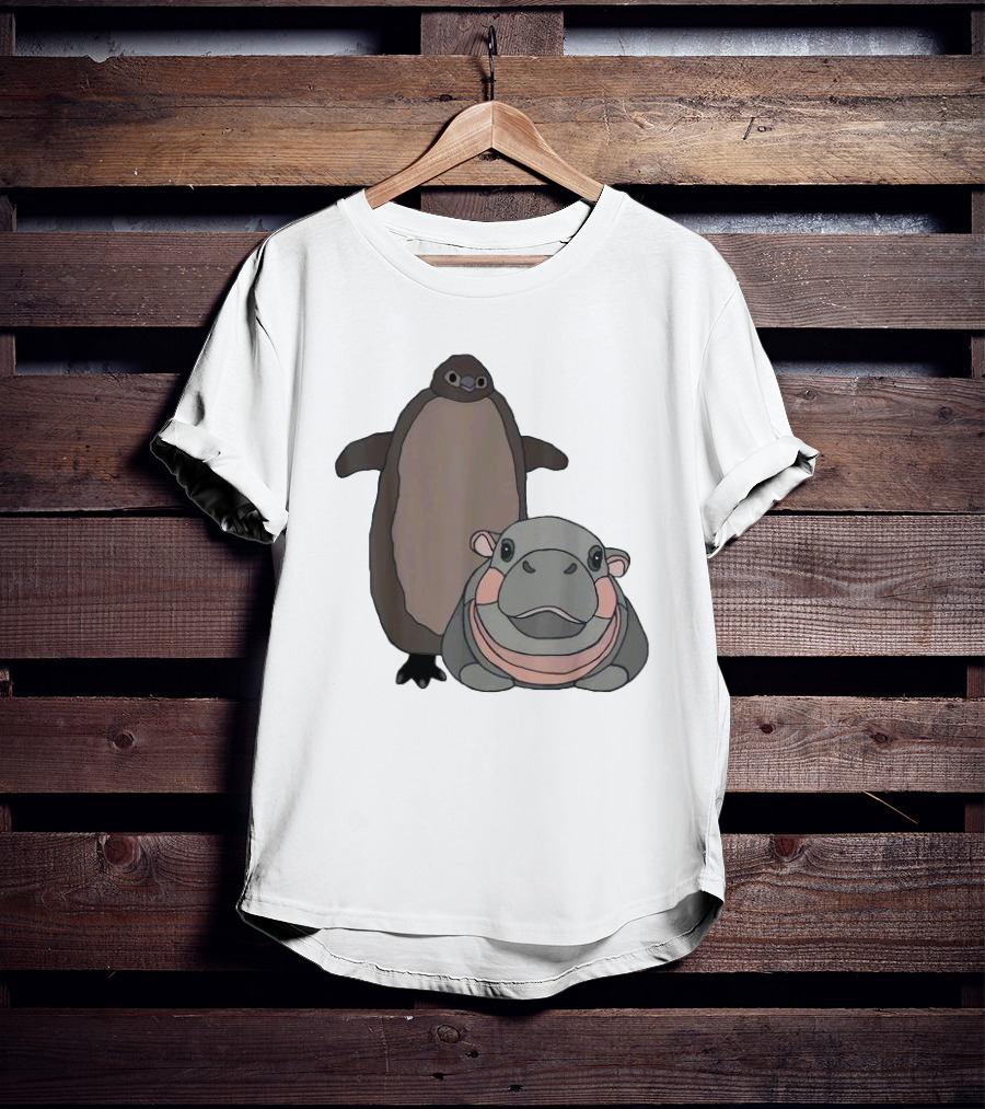 Pesto The Penguin And Moo Deng The Baby Hippo Cartoon Characters T-Shirt