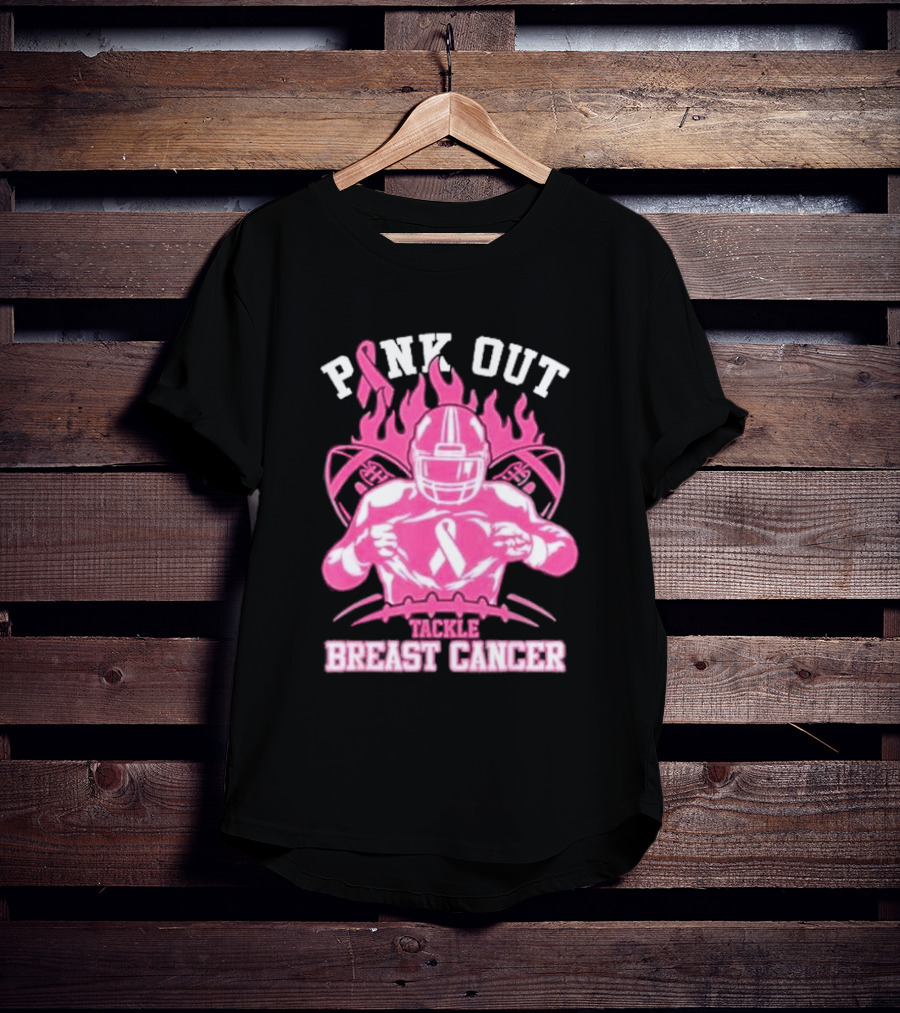 Pink Out Tackle Breast Cancer Awareness Football Player Ribbon Flames T-Shirt